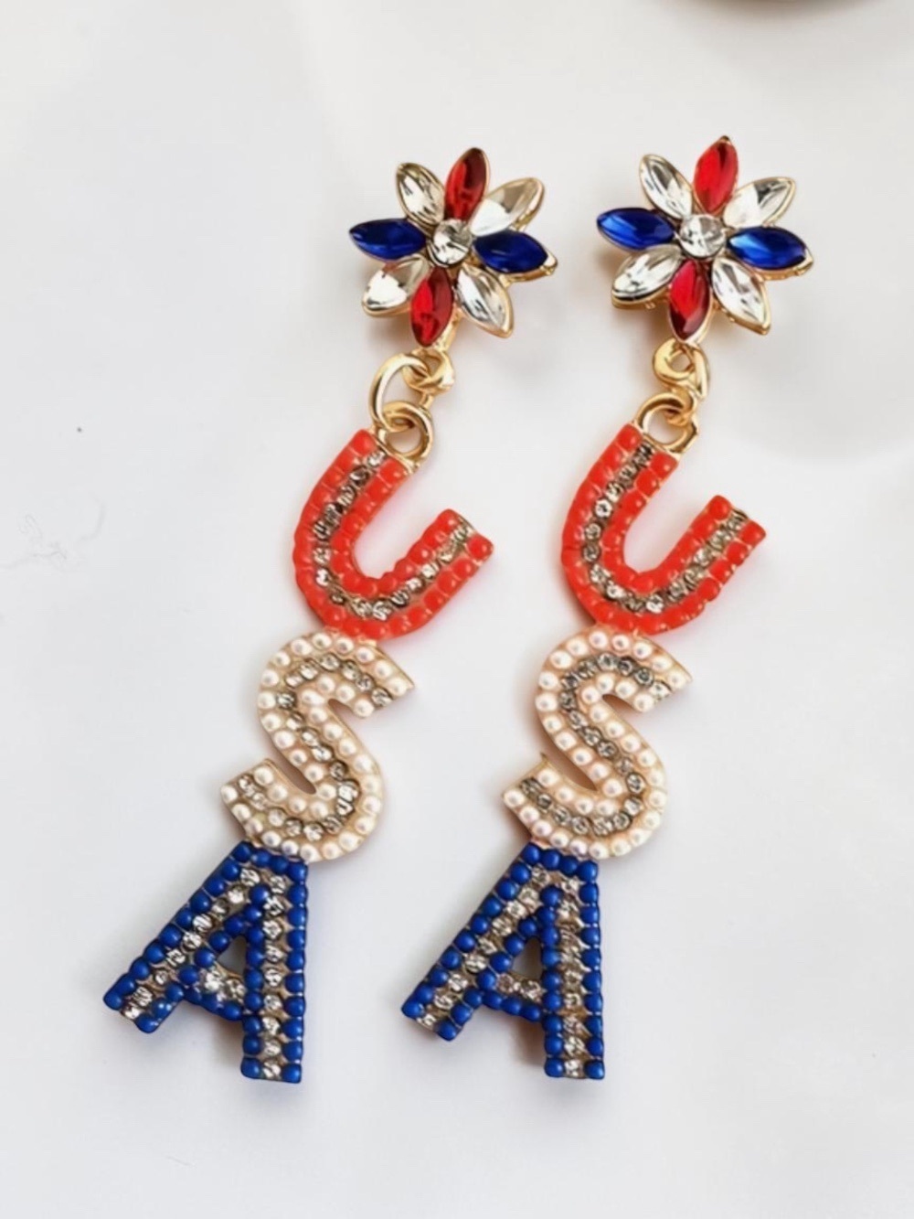 USA Earrings Sparkling Red White Blue 4th of July Rhinestone Earring NWT